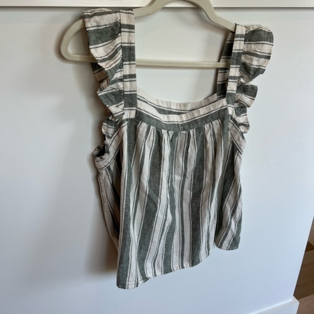 LOFT Green and White Striped Crop Blouse Sleeveless Linen Womens Size Medium